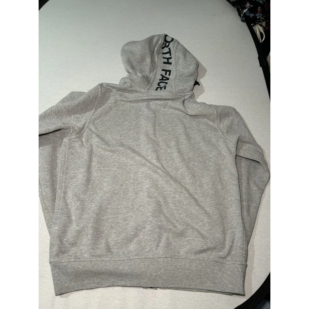The North Face gray hoodie men's L full-length zipper, logo along edge of hood